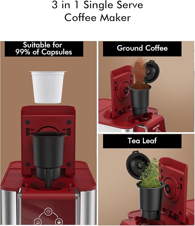 SIFENE KC101 3-in-1 Single Serve Coffee Maker, Compact & Portable, Compatible with K-Cup Pods Only, Ground Coffee & Tea, Fast Brew in 60 Seconds, 50oz Removable Reservoir, Easy to Clean, Red