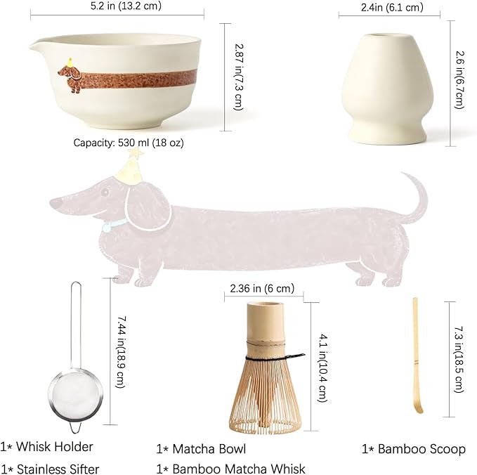 Matcha Set with Dog Pattern, Japanese Matcha Whisk Set Includes Matcha Bowl with Spout, Whisk Holder, Bamboo Whisk and Scoop, Matcha Sifter, 17 oz Ceramic Matcha Kit for Tea Lovers (Beige)