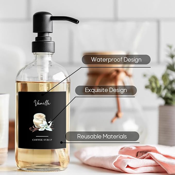 KYONANO 84 Black Coffee Syrup Labels - Elegant Pattern Decor for Coffee Station, Waterproof Labels for Syrup Dispenser & Bottle Organization - Image 3