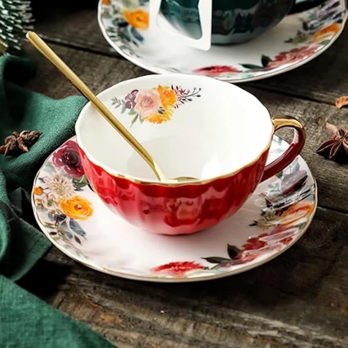 ONEUSTAR Tea Cup and Saucer Set for 1 Bone China Floral Teacup with Spoon 8 oz Coffee Cup Cappuccino Latte Mug for Women Birthday Christmas Gift, Red