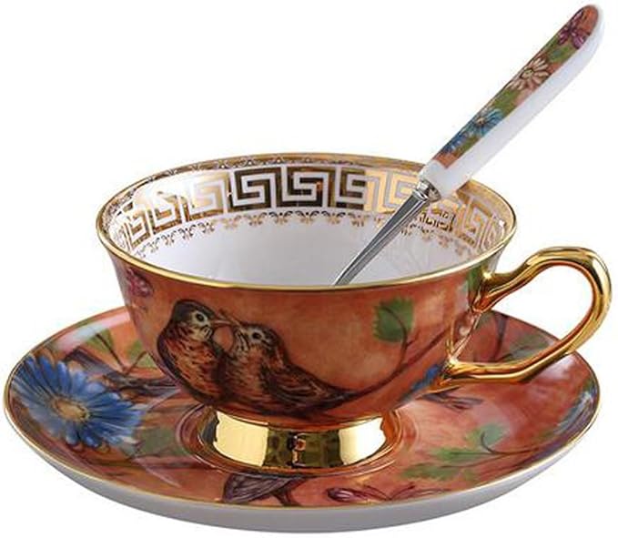 YBK Tech Euro Style Cup& Saucer Set Art Bone China Ceramic Tea Coffee Cup for Breakfast Home Kitchen- Birds and Trees Patterns (Orange)