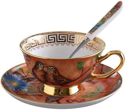YBK Tech Euro Style Cup& Saucer Set Art Bone China Ceramic Tea Coffee Cup for Breakfast Home Kitchen- Birds and Trees Patterns (Orange)