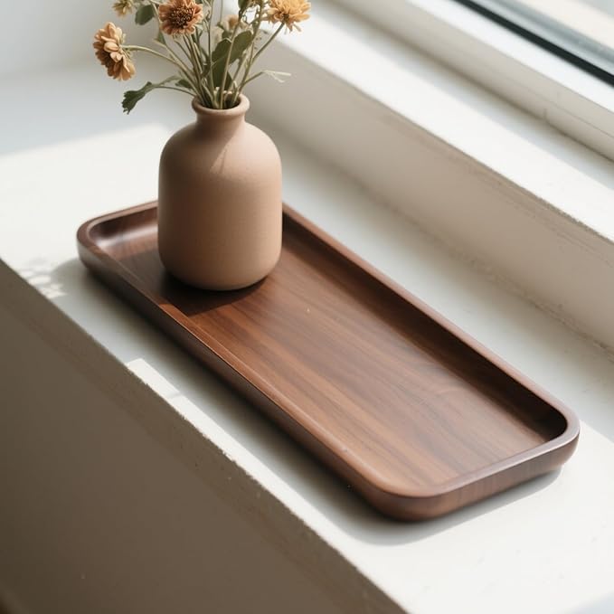 ZOENHOU 1 Pack 14 Inch Walnut Wood Tray, Bamboo Vanity Tray, Rectangular Wooden Counter Tray Wood Serving Platters Tray for Kitchen, Bathroom Dresser, Home Decor, Hold Small Item