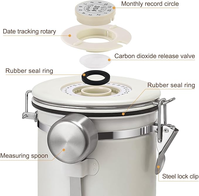1.5L Airtight Vacuum Coffee Canister, Stainless Steel Storage Container for Coffee Beans and Grounds with Scoop.Suitable for coffee powder, coffee beans, rice, tea leaves, sugar, flour, and grains