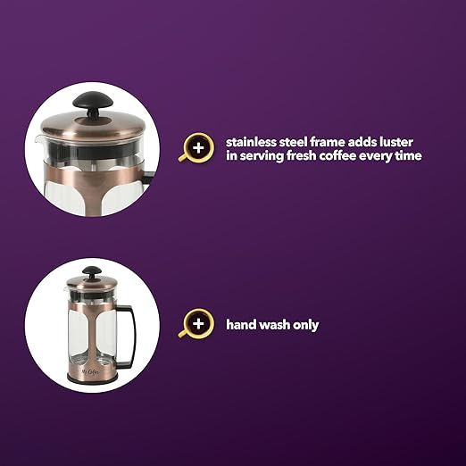 Mr. Coffee Daily Brew French Press Coffee Maker, 30-Ounce Glass Carafe with High Heat Resistant Durable Borasilicate Glass & Copper Metal Frame and Plunger, Includes Coffee Scoop