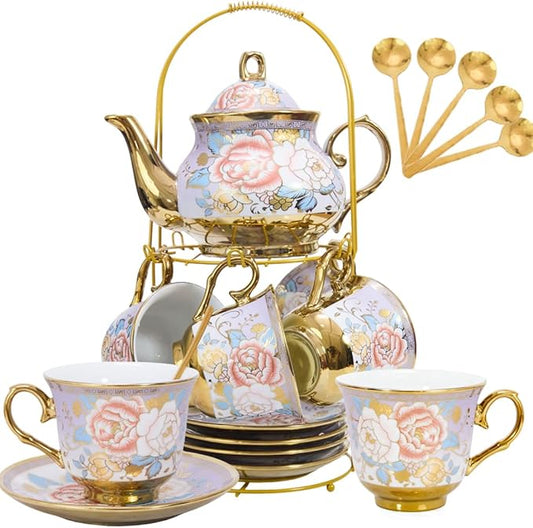 CHANJOON Gold Plated Red Rose Ceramic Tea Set, Vintage Tea Sets with Teapot, Beautiful Tea Set Coffee Serving 6 People (Purple, X Large)