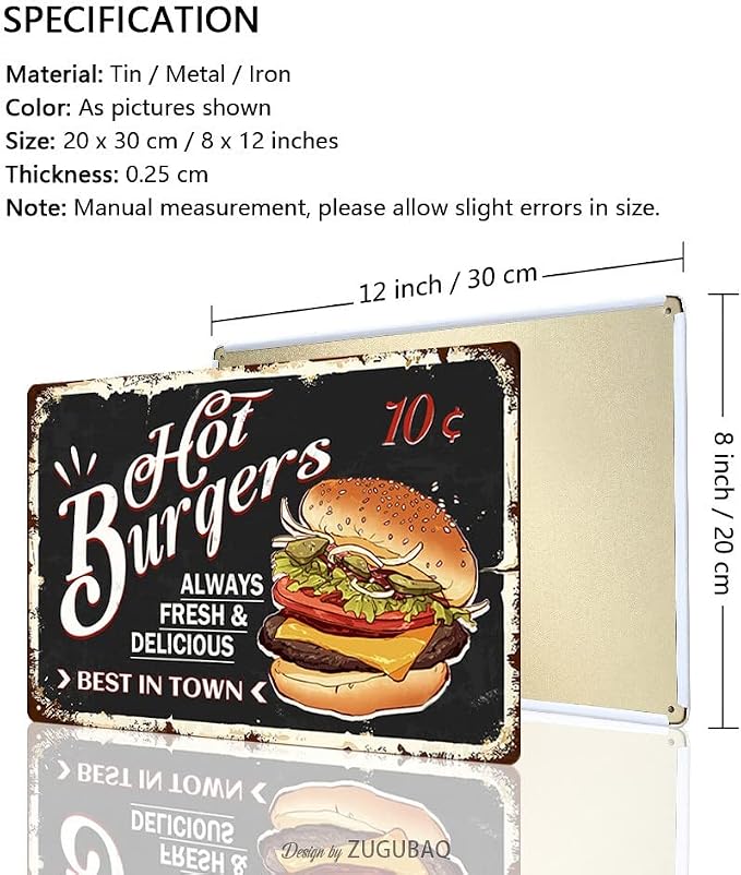 Hot Burgers Tin Signs Vintage Metal Sign Funny Food Art Printing Poster Wall Decor for Home Kitchen Bar Restaurant Cafe Pub Indoor Outdoor 12x8 Inch Hanging Plaque - Image 2