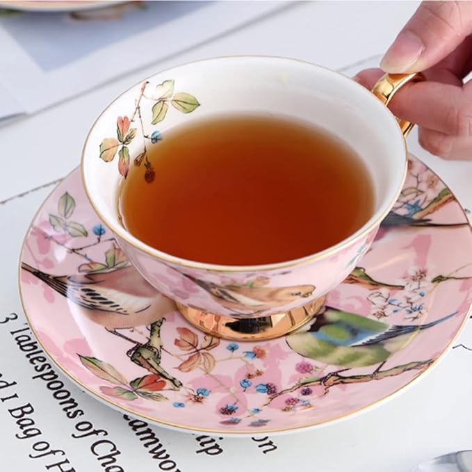 Pink Bird Porcelain Tea Cup Set with Saucer and Spoon - 7oz, Cappuccino and Latte Cups, Mother's Day Gift