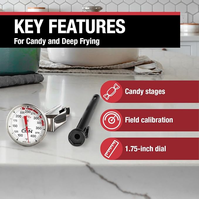 CDN ProAccurate Candy & Deep Fry Thermometer | Insta-Read 7" Stem | NSF Certified | 100–400°F Range | For Candy, Sugar, Oil, Deep Frying, Roasts, Poultry | Adjustable Pot Clip | IRXL400