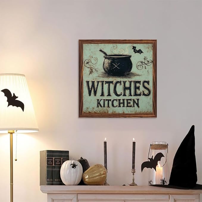 Vintage Witches Kitchen Wooden Sign, With Frame Witch Cauldron, Bats Elements Decorative Sign for Bedroom, Kitchen, Cafe, Bar Wall Decor, Halloween Decor 7.87x7.87 Inch - Image 5