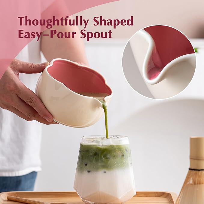 Matcha Set, 8Pcs Floral Ceramic Matcha Kit with Matcha Whisk, Holder, Scoop, Scoop Rest, Sifter, Spoon and Tea Towel - Thoughtful Matcha Whisk Set Gift for Matcha Lovers (Beige & Pink)