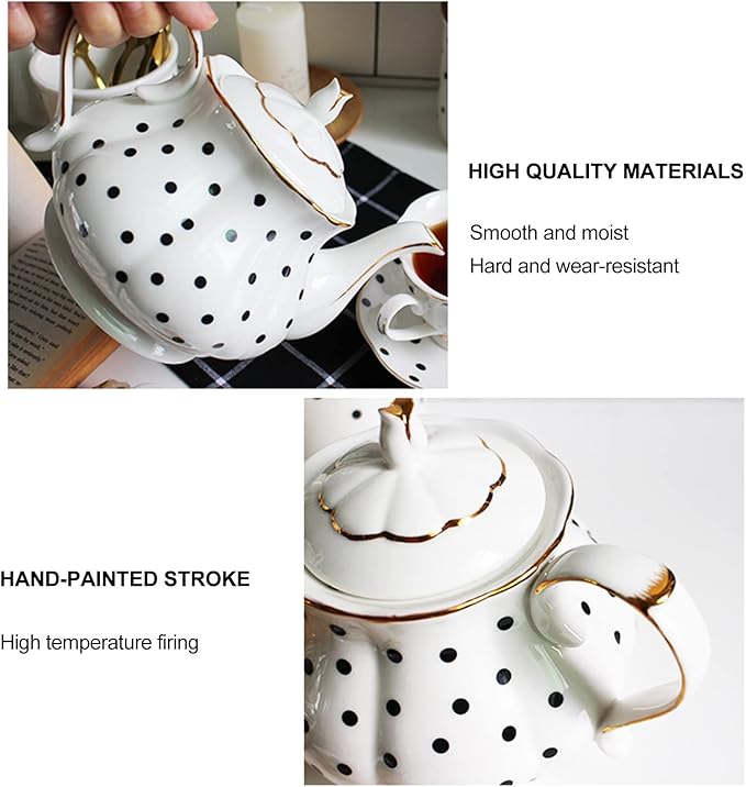 European Style Teapot Handmade Ceramic Teapot Pumpkin Fluted Shape Vintage Tea Party Set Gift (Polka dot)