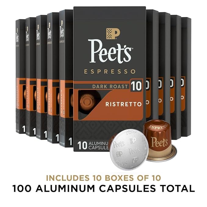 Peet's Coffee, Dark Roast Espresso Capsules, Compatible with Nespresso Original Machine - Ristretto Intensity 10, 100 Count (10 Boxes of 10 Espresso Capsules) (Pack of 2)