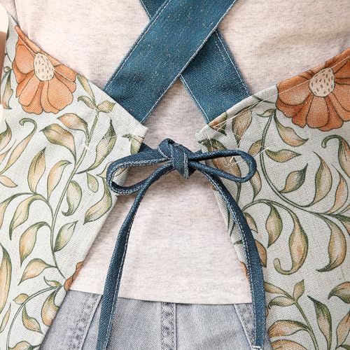 patdrea Blue Floral Linen Apron with Pocket,French Kitchen Garden Chef BBQ Aprons for Women and Men,Crisscross Back Straps - Image 7