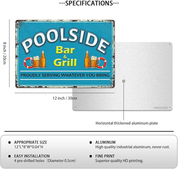 Poolside Bar and Grill Sign Decor Swimming Pool Decorations Outdoor Durable Metal Signs Plaque for Beach Home Bar Pool Deck Backyard Fence Walls 12X8 Inch Aluminium Hanging Plaque - Image 2