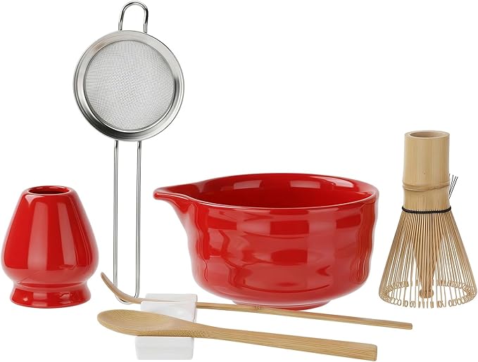 YOLIFE 7 Pcs Matcha Whisk Set, Includes Matcha Bowl with Spout, Bamboo Whisk (Chasen) with Ceramic Holder, Scoop and Powder Spoon, Sifter, Matcha Kit for Ceremony (Red)