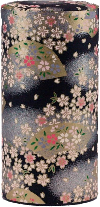 Washi Paper Tea Tin Canister: Long 7oz (200g) Midnight Blossom (#135), Japan