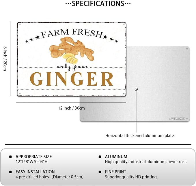 Vintage Ginger Metal Signs Wall Decor Funny Vegetables Art Poster Decorative for Home Farmhouse Kitchen Garden Cafe Bar Farm Porch Fence Yard 12X8 Inch Aluminium Hanging Plaque - Image 2