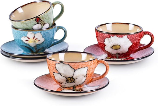 8 Oz Floral Porcelain Cappuccino Cups with Saucers Set of 4, Stoneware Tea Coffee Mugs for Home Kitchen & Office, Dishwasher Microwave Oven Safe, for Espresso, Latte, Americano, Milk & Tea, Mix