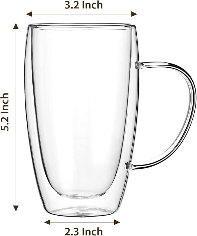 2-Pack 15 Oz Double Walled Glass Coffee Mugs with Handle,Large Insulated Layer Coffee Cups,Clear Borosilicate Mugs,Perfect for Cappuccino,Tea,Latte,Espresso,Hot Beverage,Wine,Microwave Safe