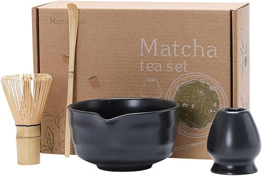 Matcha Tea Set – Traditional Japanese Ceremony Kit with 18.5OZ Ceramic Bowl, Bamboo Whisk, Scoop, and Holder – Ideal for Authentic Matcha Preparation and Gifting (Matte Black)