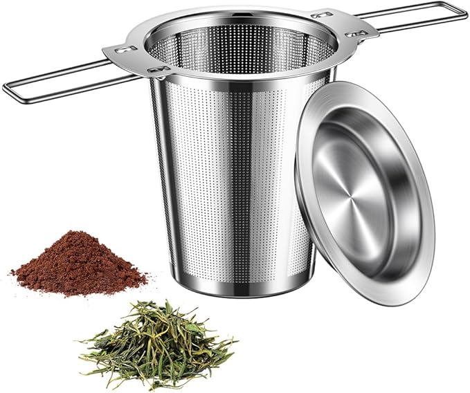 1Pack Long-Handled Tea Strainer with Drip Tray, BOMANSI BOMS Stainless Steel Tea Infuser Basket, Tea Infuser for Loose Leaf Tea, Fine Mesh Tea Diffuser, Loose Leaf Tea Steeper, Large Tea Infuser