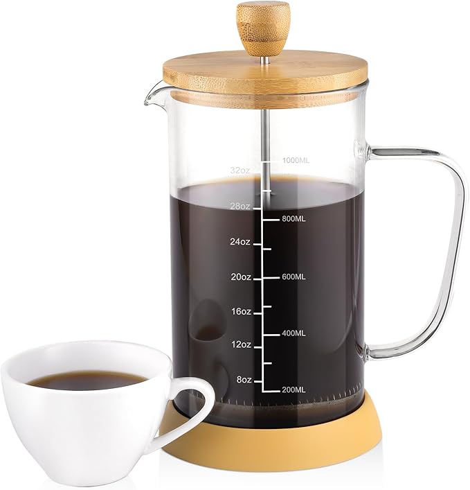 wedrink 34oz French Press Coffee Maker - Thicken Heat-Resistant Borosilicate Glass Bamboo Lid Plastic Free Coffee Press (1000ml)