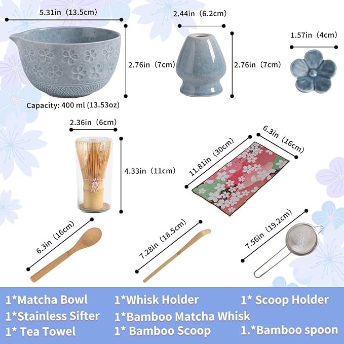 8-Piece Matcha Ceremony Set - Tea Kit with Cherry Blossom Bowl, Bamboo Whisk, Wood Scoops, Tea Cloth & Floral Display - Gift-Ready Pink Cherry color box (blue)
