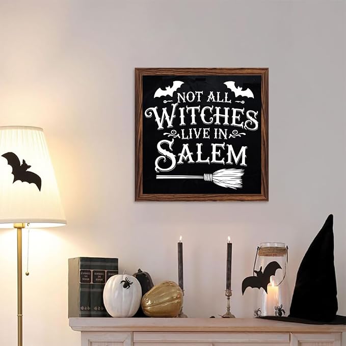 Halloween Theme Decorative Sign Not All Witches Live In Salem Wooden Sign, With Frame Witch Broom Sign for Home Kitchen, Cafe, Bedroom Halloween Decor 7.87x7.87 Inch - Image 5