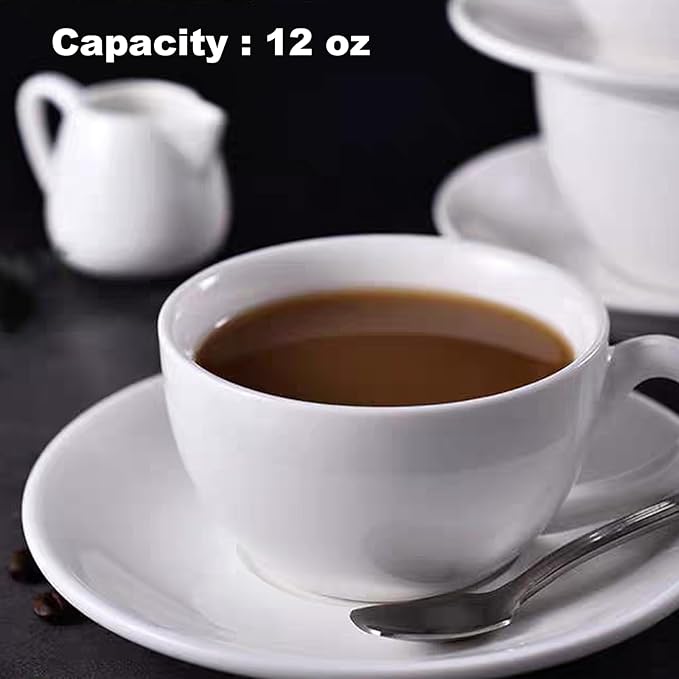 DeeCoo 8oz White Cappuccino Mug- Large Ceramic Coffee Cup with Saucer - Microwave and Dishwasher Safe, Perfect For Tea, Espresso, Latte - Porcelain Set for Kitchen or Cafe, Baristas, Great Gift