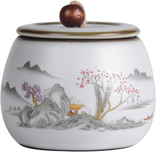 Chinese Style Ceramic Tea Caddy Tea Canister Tea Storage Container Tins Jar with Airtight Lid Wet-proof Tank for Tea, Coffee, Herb, Sugar, Spice, Nuts-Mountain-6 OZ