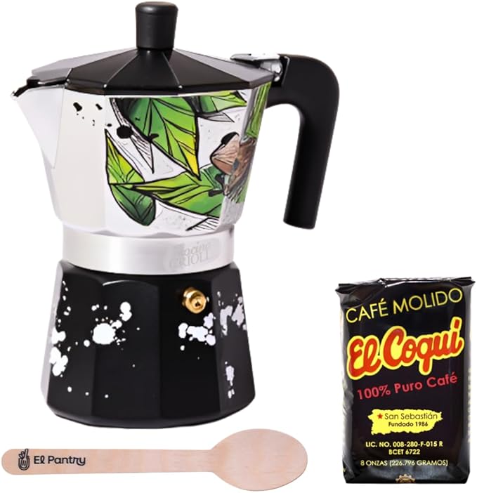 Puerto Rico Greca de Cafe Gift Set | Boricua Art by Joshua Montes Stovetop Coffee pot & Moka Pot with Authentic Café El Coqui and a Wooden Spoon | Cafetera | El Coqui, 6 Espresso Cups