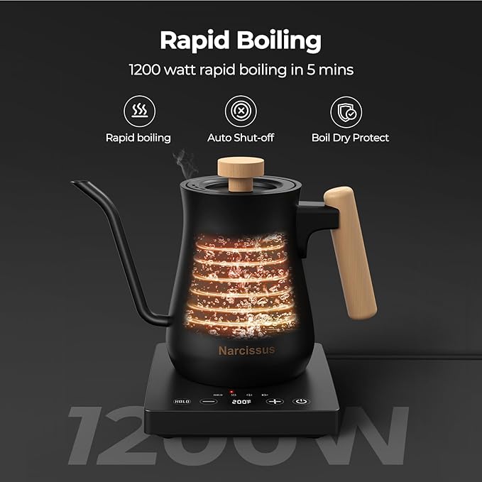 Narcissus P901 Gooseneck Electric Kettle with ±1℉ Temperature Control Function, 1200 Watt Rapid Boiling in 5 Mins, Max 6 Hours Keeping Warm, 304 Stainless Steel Interior, BPA Free, Black