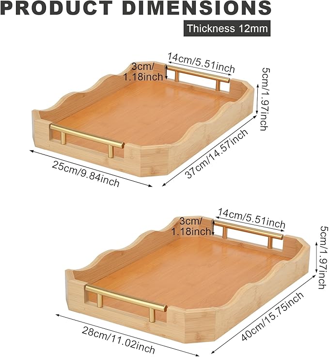 2 Pack Bamboo Trays with Handles - Decorative Stackable Ottoman & Serving Trays for Coffee Table, Breakfast in Bed, Couch Snacking, Home Decor (Varnished)