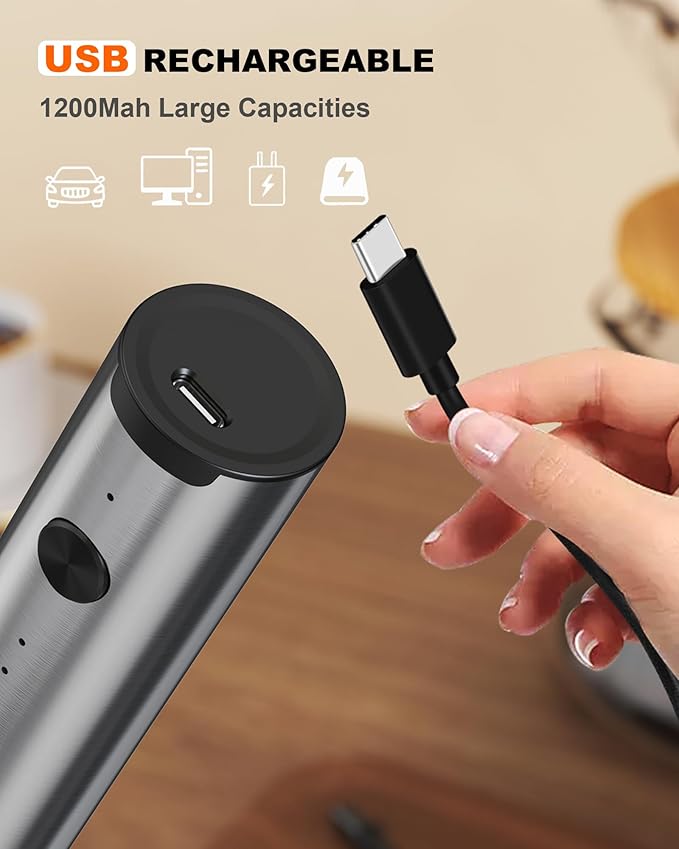 Rechargeable Milk Frother with Stand, Handheld 3-Speeds Coffee frother with 2 Whisks, Electric Frother Wand for Coffee, Latte, Cappuccino, Hot Chocolate, Matcha and Egg Mini Frother, Silver