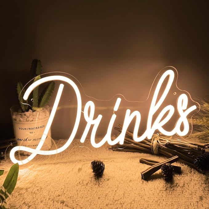Britrio Warm White Drinks Neon Sign for Home Bar Kitchen Dinning Room Letter Light Birthday Party Bedroom Restaurant Cafe Man Cave Wall Art Decoration 5V USB Powered