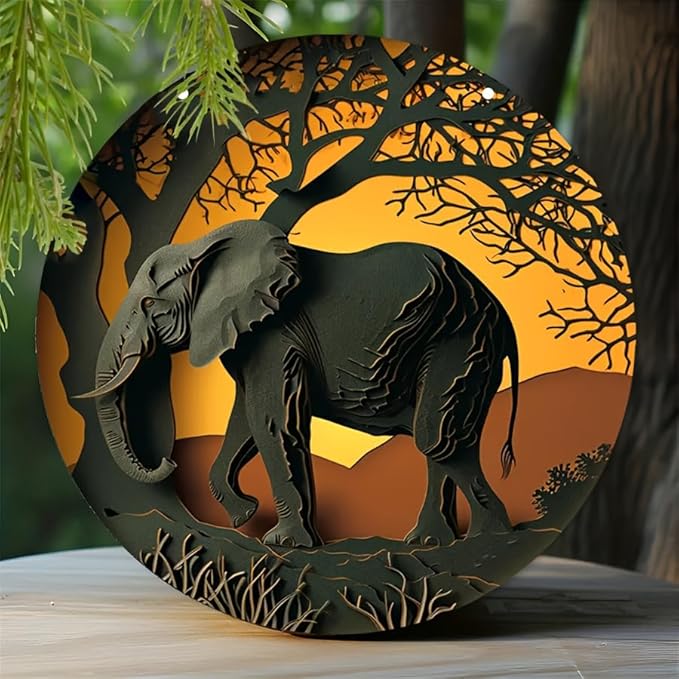 1pc 8x8in/20cm*20cm Round Wooden Hanging Sign, Imitation Hollow Painting Round Garland Sign Sign, Office Decor, Women's Gift Elephant Theme Decoration, Home Decor by Unknown