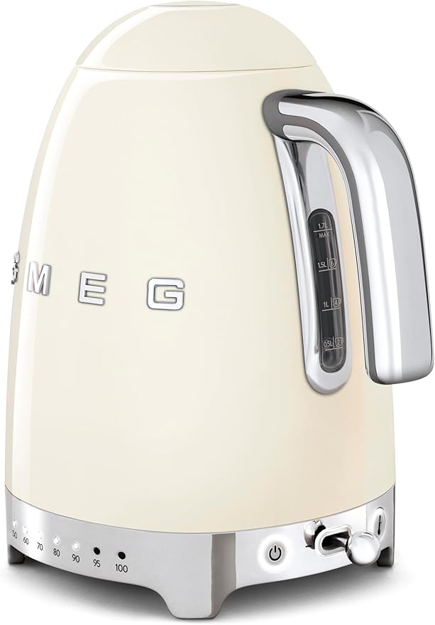 Smeg 50's Retro 7 Cup Stainless Steel Variable Temperature Electric Kettle with 7 Temperature Settings, Led Display, Swivel Base and Keep Warm Function Cream KLF04CRUS