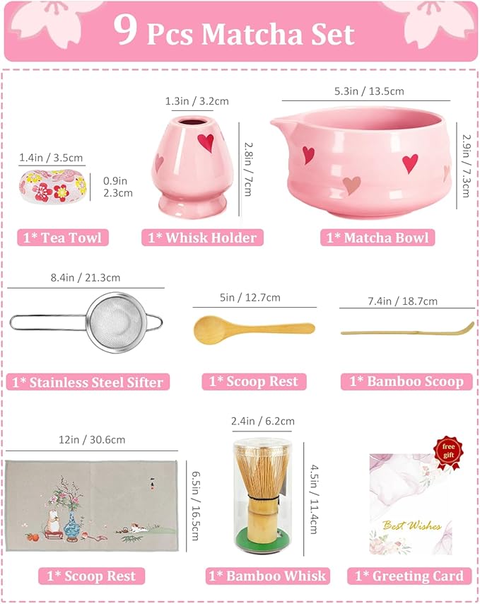 8Pcs Cute Ceramic Matcha Set with Whisk Bowl, Matcha Tea Kit Holder, Bamboo Scoop, Sifter, Towel Included, Valentine's Mother's Day Gift for Matcha Lover Women (Heart Shape Pink)