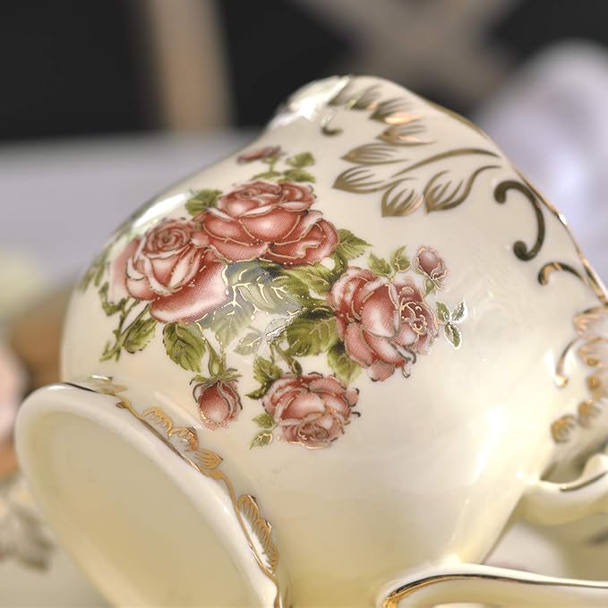 YOLIFE Tea Cup and Saucer Set, 8 oz Tea Cup Set, Teacup, Ceramic Tea Cup with Suacer Spoon, Ivory Vintage Rose Floral with Gold Leaves Trim, Gifts for Women