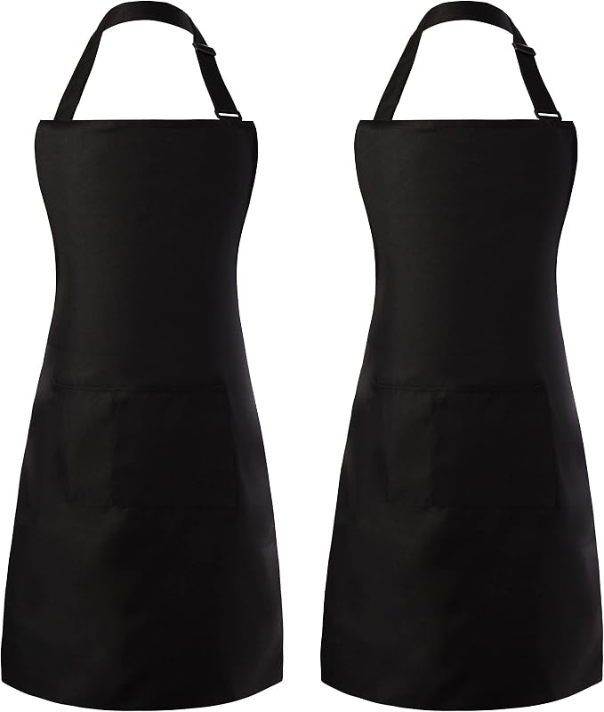 Tosewever 2 Pack Adjustable Bib Apron, Waterdrop Resistant Aprons with 2 Pockets Cooking Kitchen Restaurant Aprons for Women Men Chef, BBQ Drawing Crafting Outdoors (Polyester-Black, 2) by Tosewever