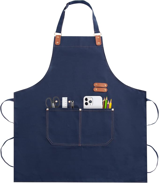 Apron for Men Women, Chef Cotton Apron with Pockets Adjustable Strap | Heavy Duty Kitchen Apron, Oil Resistant, Aprons for Cooking, Baking, BBQ, Grill, Gardening, Woodwork, Hair Stylist by Unknown