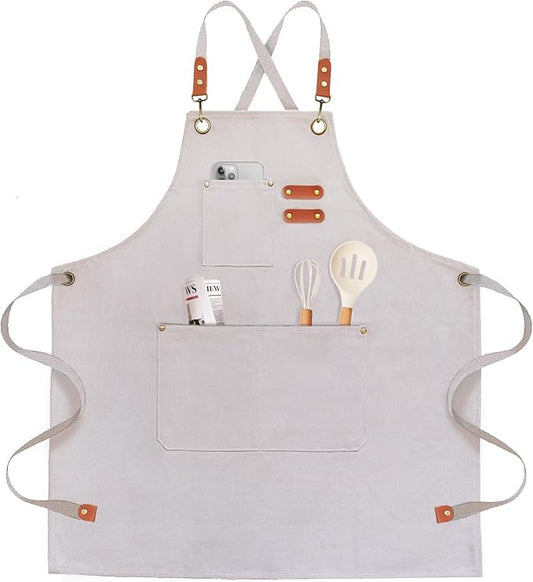 OUNLEN Chef Apron for Men Women Canvas Aprons with 3 Pockets Cross Back Resistant Work Apron for Cooking