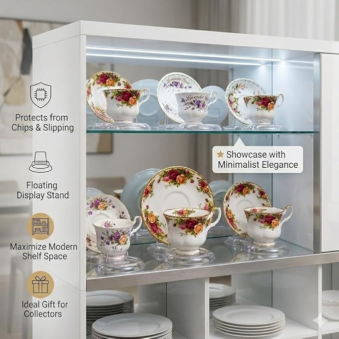 HOHIYA 12 Pcs Clear Acrylic Tea Cup and Saucer Display Stand Set Stackable Teacup Holder Rack for China TeaCups Coffee Mugs and China Dish Display Organizer