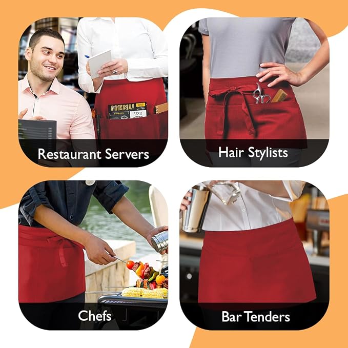 Avalon Kitchen Server Aprons with 3 Pockets, 100% Polyester Waist Apron with Pockets, 24x12 Inche Waitress Apron with Pockets - Image 4