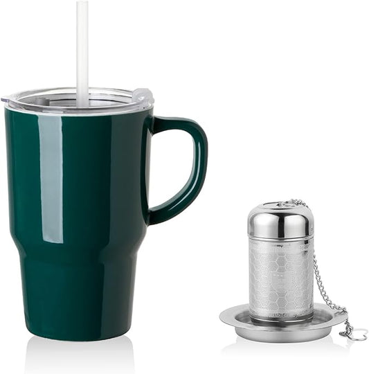 Sweejar Ceramic Tea Cup with Lid, 16 OZ Portable Coffee Mug, Dishwasher Safe Travel Mug with Infuser, Reusable Teacup for Car Cup Holder, Tea Lovers(Jade)
