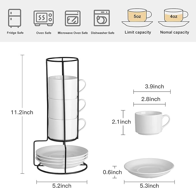 4oz Porcelain Stackable Espresso Cups with Saucers and Metal Stand Set of 4, Stackable Espresso Cups Set of 4, White Expresso Shots Cup Set for Coffee Drinks, Cappuccino Latte, Americano, Tea