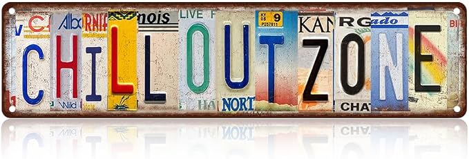 Vintage License Plate CHILL OUT ZONE Sign – 16x4 Inch Rustic Tin Wall Décor for Lounge, Patio, Dorm, Game Room, Bar or Relaxation Area by SARAHEVE