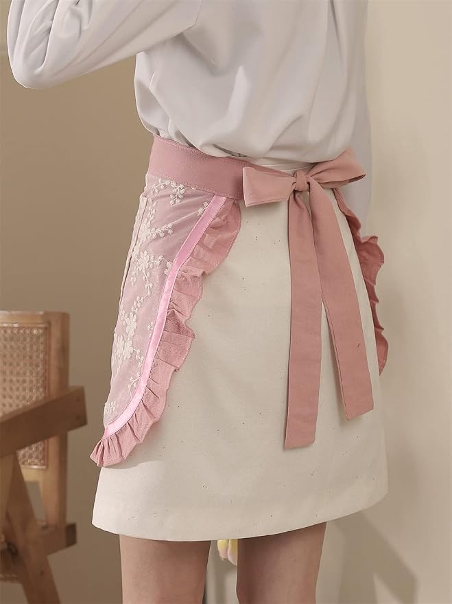 Unisex Chef Aprons White Retro Cotton Maid Short 2 Pockets Waist Waiter Waitress Half Apron - Image 4