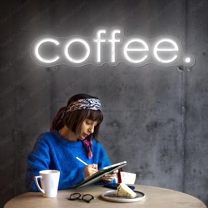 Coffee Neon Sign (40x10'', Remote and Plug included) Cafe Led Light coffee. led light coffee shop decorations wall decor (40x10" - White)